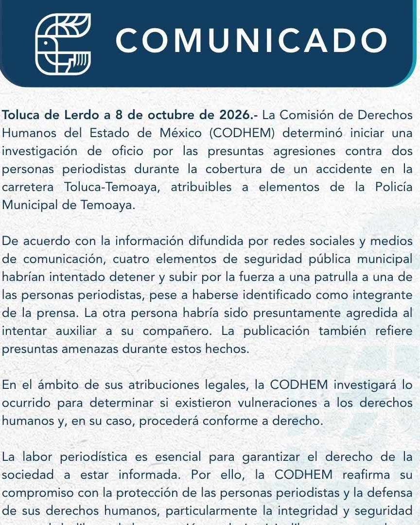 CODHEM investiga presuntas agresiones a periodistas en Temoaya
